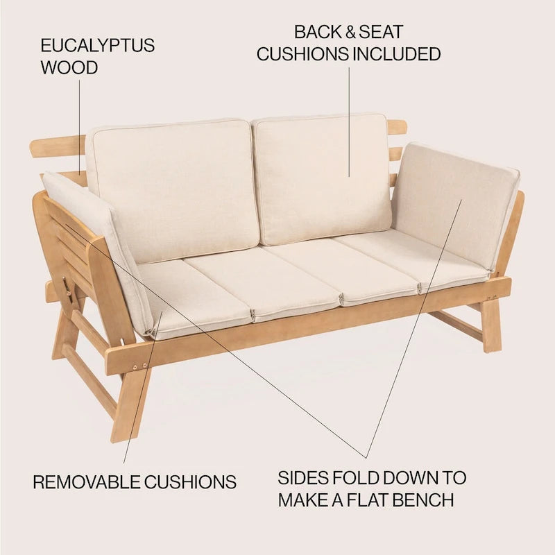 Arwen Divano letto da esterno a 2 posti pieghevole in legno stile scandinavo moderno, beige/teak chiaro di JONATHAN Y