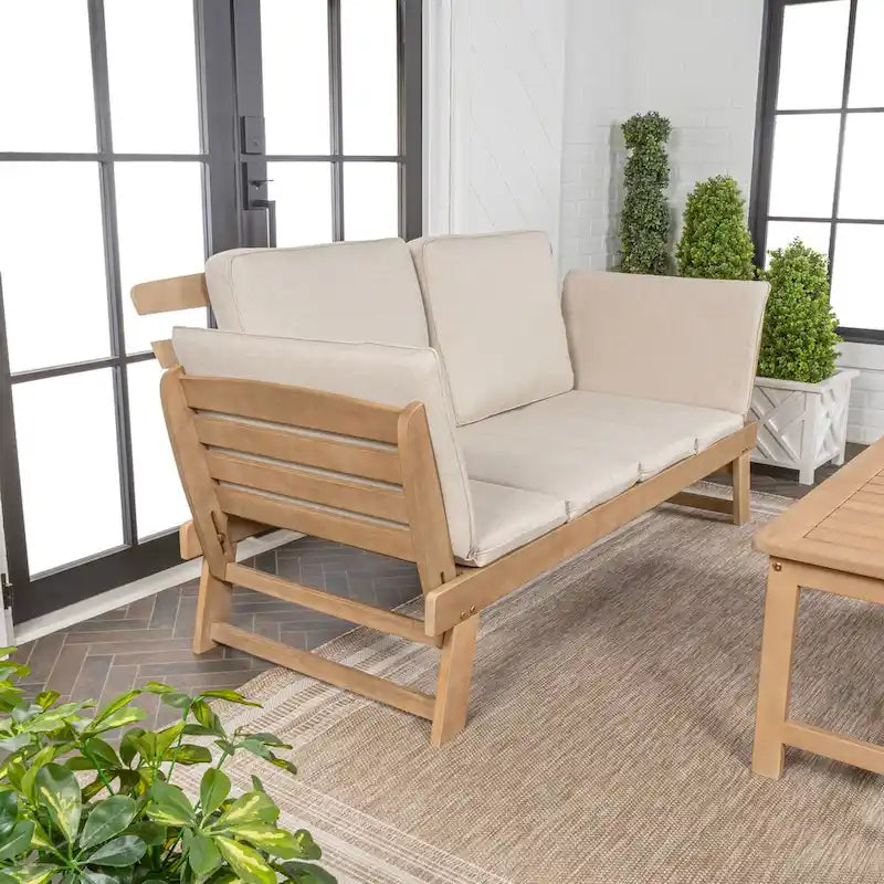 Arwen Divano letto da esterno a 2 posti pieghevole in legno stile scandinavo moderno, beige/teak chiaro di JONATHAN Y