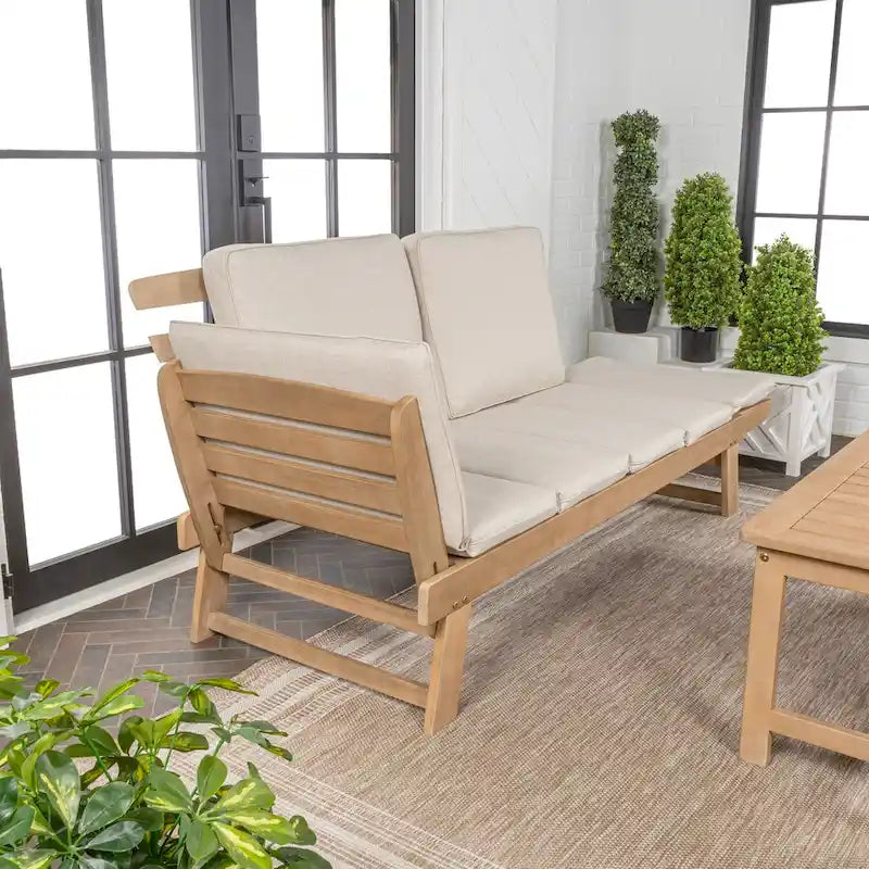 Arwen Divano letto da esterno a 2 posti pieghevole in legno stile scandinavo moderno, beige/teak chiaro di JONATHAN Y