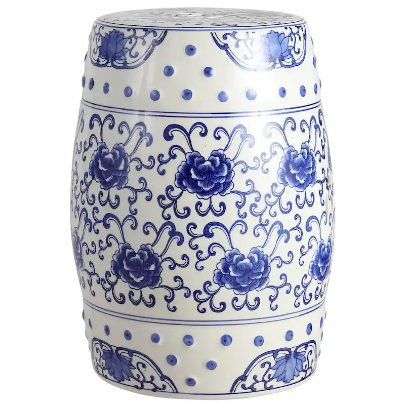 Sgabello da giardino a tamburo in ceramica Chinoiserie Lotus Flower 17.8, blu/bianco