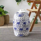 Sgabello da giardino a tamburo in ceramica Chinoiserie Lotus Flower 17.8, blu/bianco