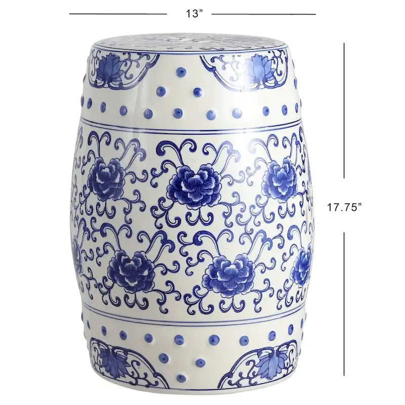 Sgabello da giardino a tamburo in ceramica Chinoiserie Lotus Flower 17.8, blu/bianco