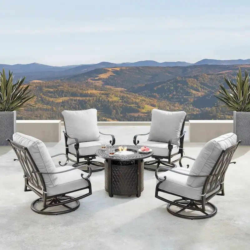 Outdoor Aluminum 34 in. Round Fire Table Set with Four Deep Seating Swivel Rocking Chairs, Fire Beads, Lid and Fabric Cover