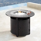 Set da tavola rotonda da 34 pollici da esterno in alluminio con quattro poltrone reclinabili girevoli, perline di fuoco, coperchio e copertura in tessuto