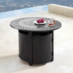 Set da tavola rotonda da 34 pollici da esterno in alluminio con quattro poltrone reclinabili girevoli, perline di fuoco, coperchio e copertura in tessuto