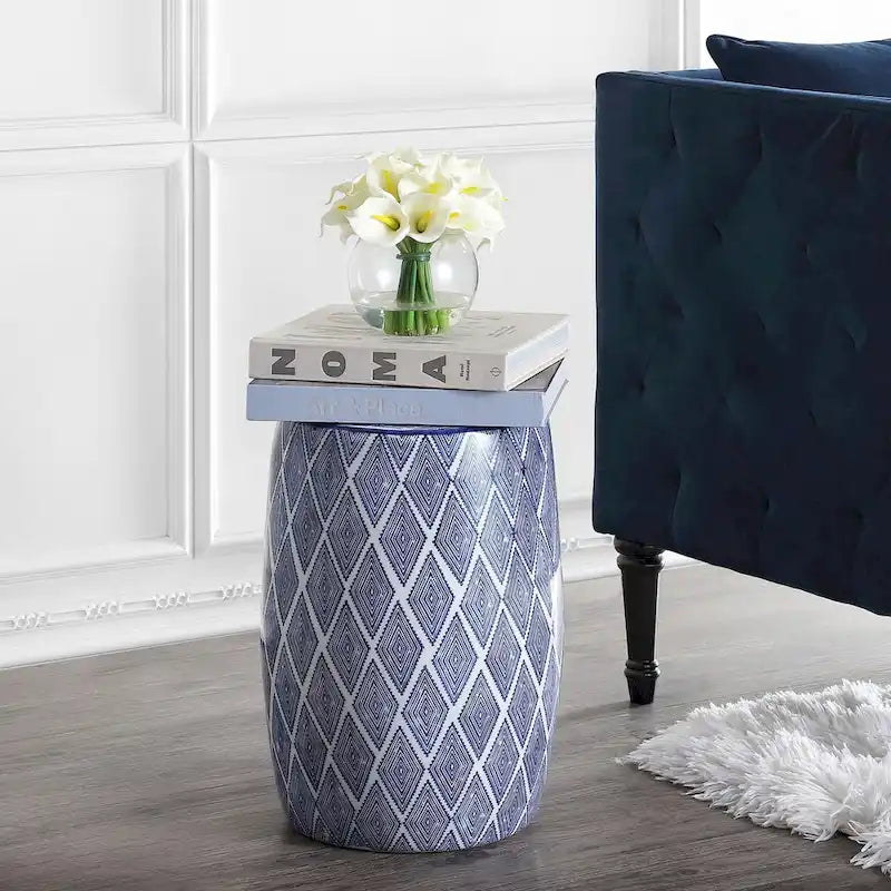 Moroccan Diamonds 18 Ceramic Drum Garden Stool, Blue by JONATHAN Y