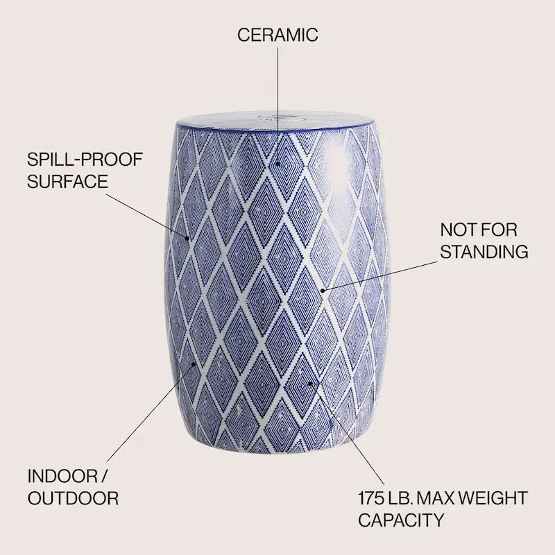 Sgabello da giardino a tamburo in ceramica Moroccan Diamonds 18, blu di JONATHAN Y