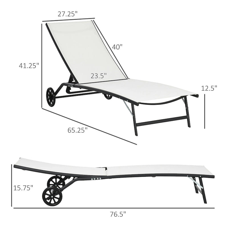 Chaise longue da esterno, lettino prendisole a 2 pezzi con ruote, sedia reclinabile con 5 posizioni regolabili per patio, spiaggia, cortile, piscina