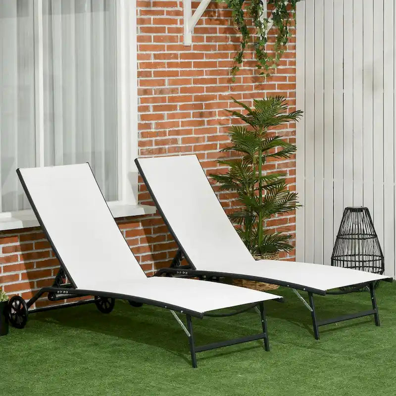 Chaise longue da esterno, lettino prendisole a 2 pezzi con ruote, sedia reclinabile con 5 posizioni regolabili per patio, spiaggia, cortile, piscina