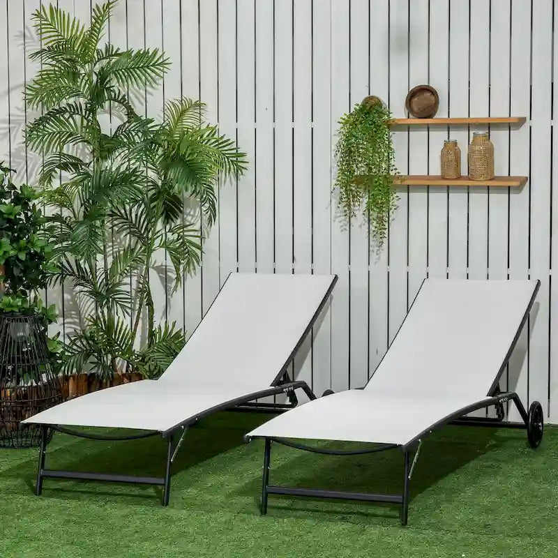 Chaise longue da esterno, lettino prendisole a 2 pezzi con ruote, sedia reclinabile con 5 posizioni regolabili per patio, spiaggia, cortile, piscina