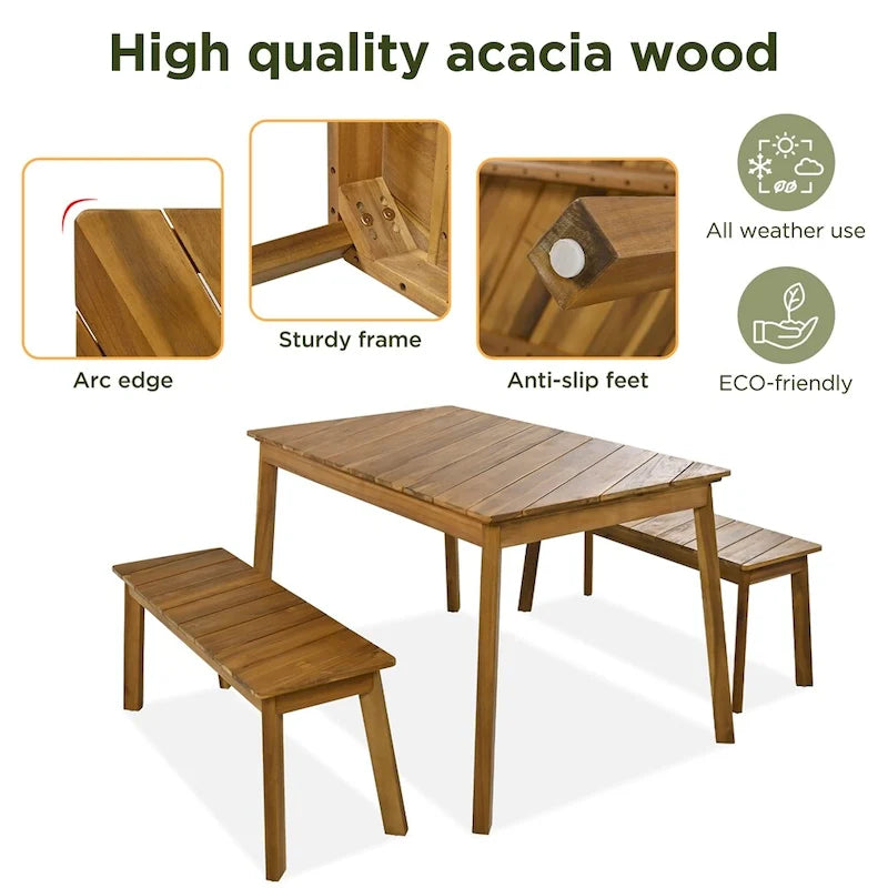 Set da pranzo da esterno a 3 pezzi in legno di acacia con 2 panche e tavolo
