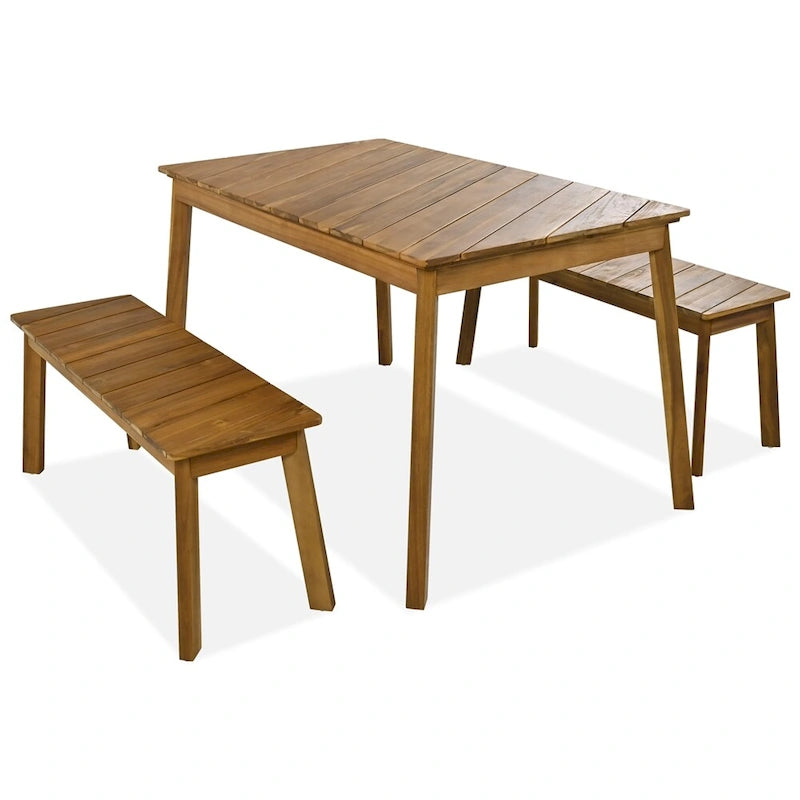 Set da pranzo da esterno a 3 pezzi in legno di acacia con 2 panche e tavolo