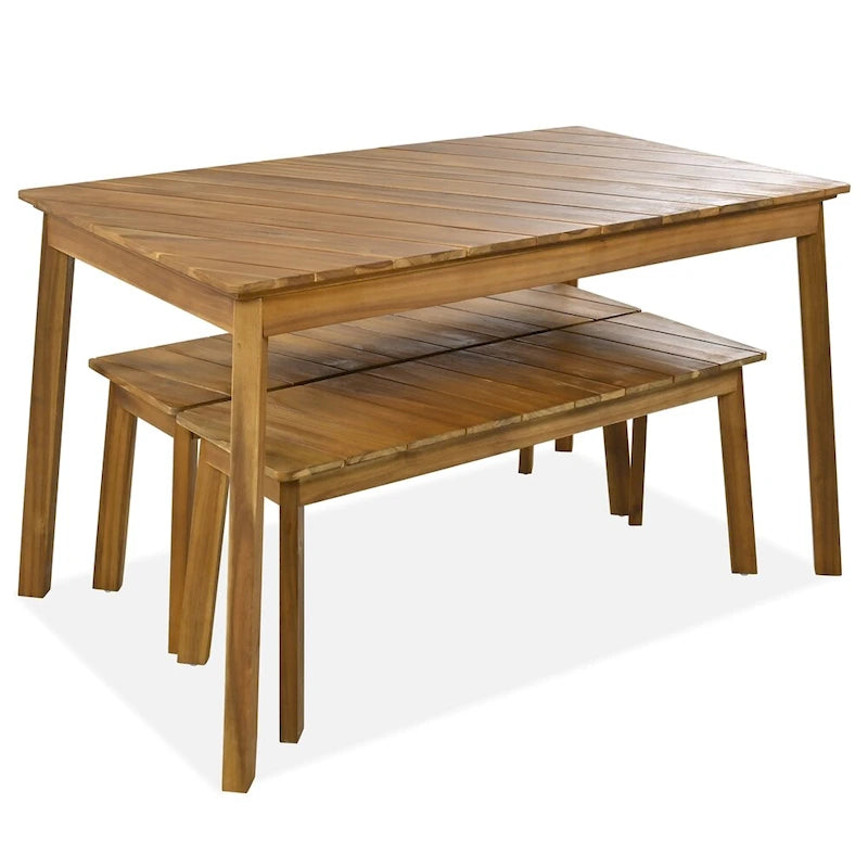 Set da pranzo da esterno a 3 pezzi in legno di acacia con 2 panche e tavolo