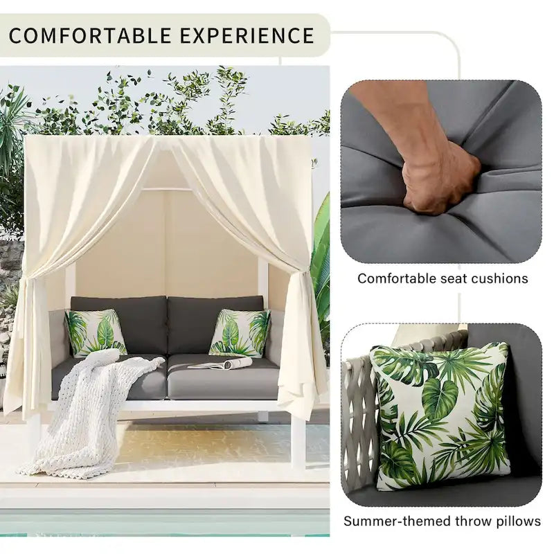 Chaise longue de jardin avec rideaux