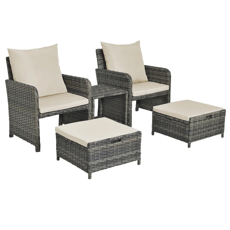 Set da conversazione per patio 5 pezzi con cuscini, tavolino da caffè e 2 pouf