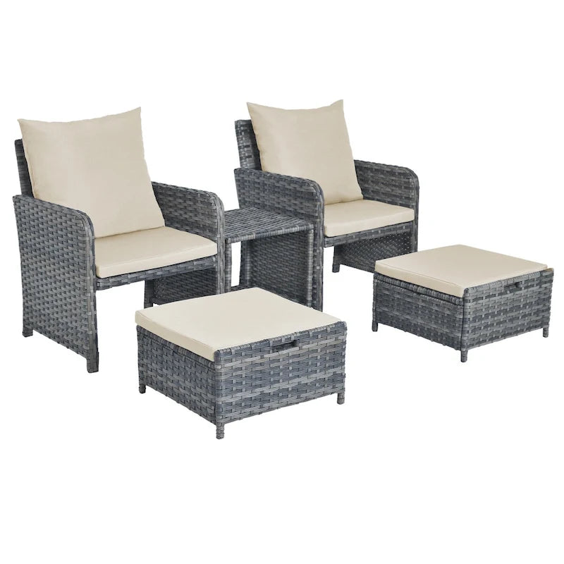 Set da conversazione per patio 5 pezzi con cuscini, tavolino da caffè e 2 pouf