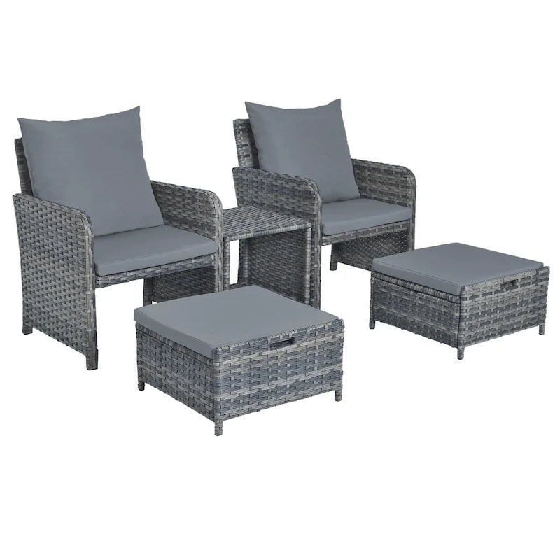 Set da conversazione per patio 5 pezzi con cuscini, tavolino da caffè e 2 pouf
