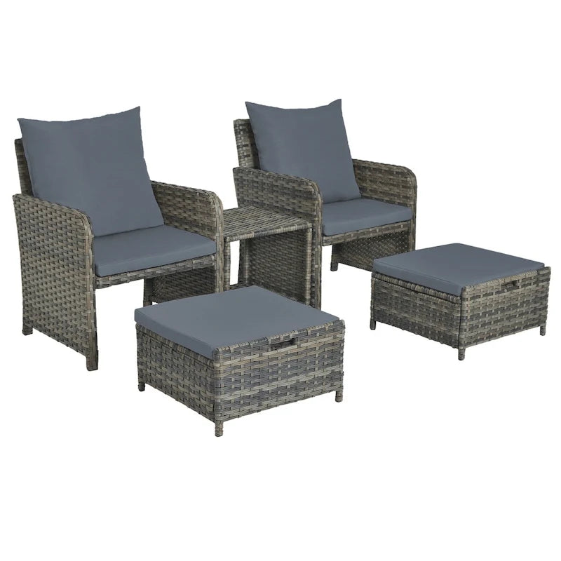 Set da conversazione per patio 5 pezzi con cuscini, tavolino da caffè e 2 pouf