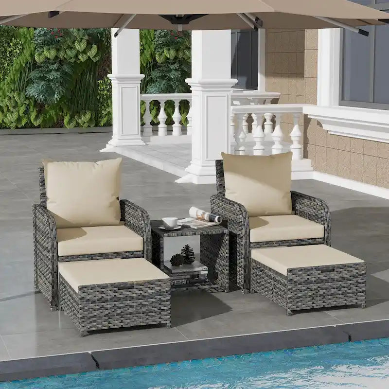 5 Pieces Patio Conversation Set with Cushions Coffee Table and 2 Ottomans