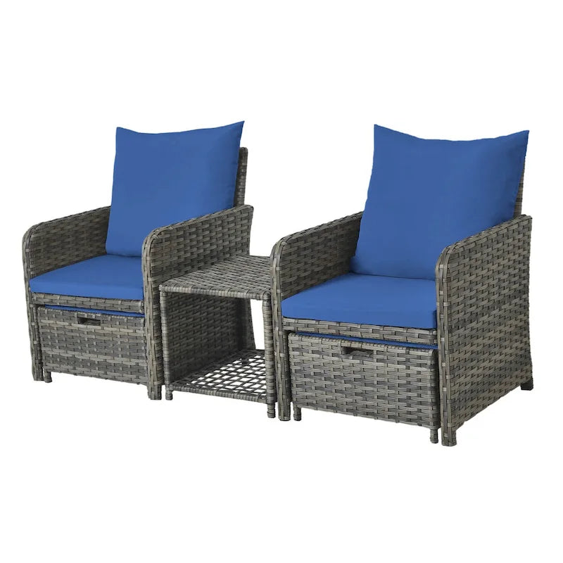 Ensemble de conversation de patio 5 pièces avec coussins, table basse et 2 poufs