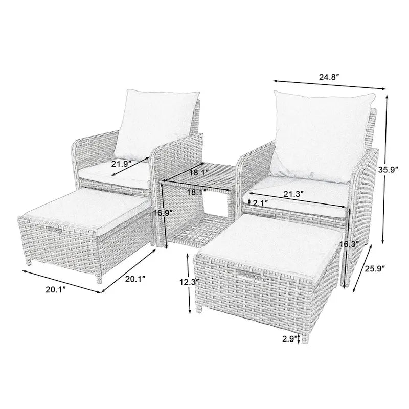 Ensemble de conversation de patio 5 pièces avec coussins, table basse et 2 poufs