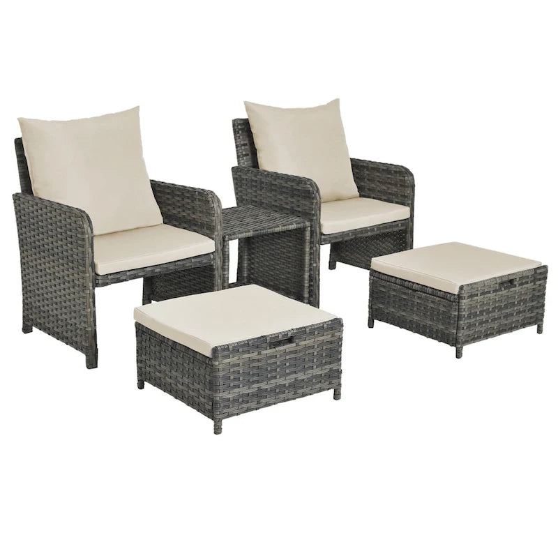 Ensemble de conversation de patio 5 pièces avec coussins, table basse et 2 poufs