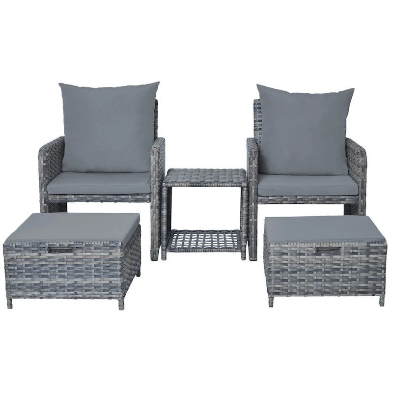 Ensemble de conversation de patio 5 pièces avec coussins, table basse et 2 poufs