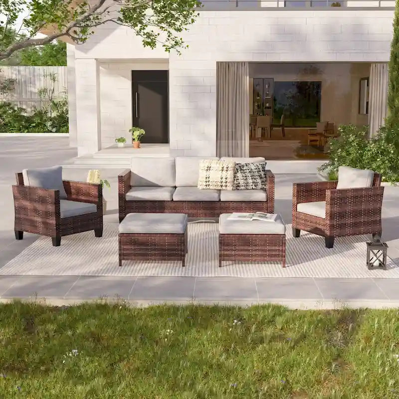 LIVOOSUN Set di 5 Mobili da Giardino in Rattan Marrone per Conversazione
