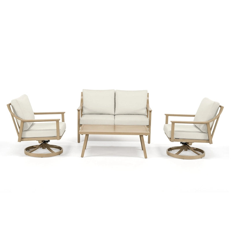 Ensemble de conversation d'extérieur 4 personnes en aluminium avec fauteuils pivotants, table basse et coussins
