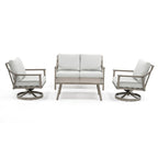 Ensemble de conversation d'extérieur 4 personnes en aluminium avec fauteuils pivotants, table basse et coussins
