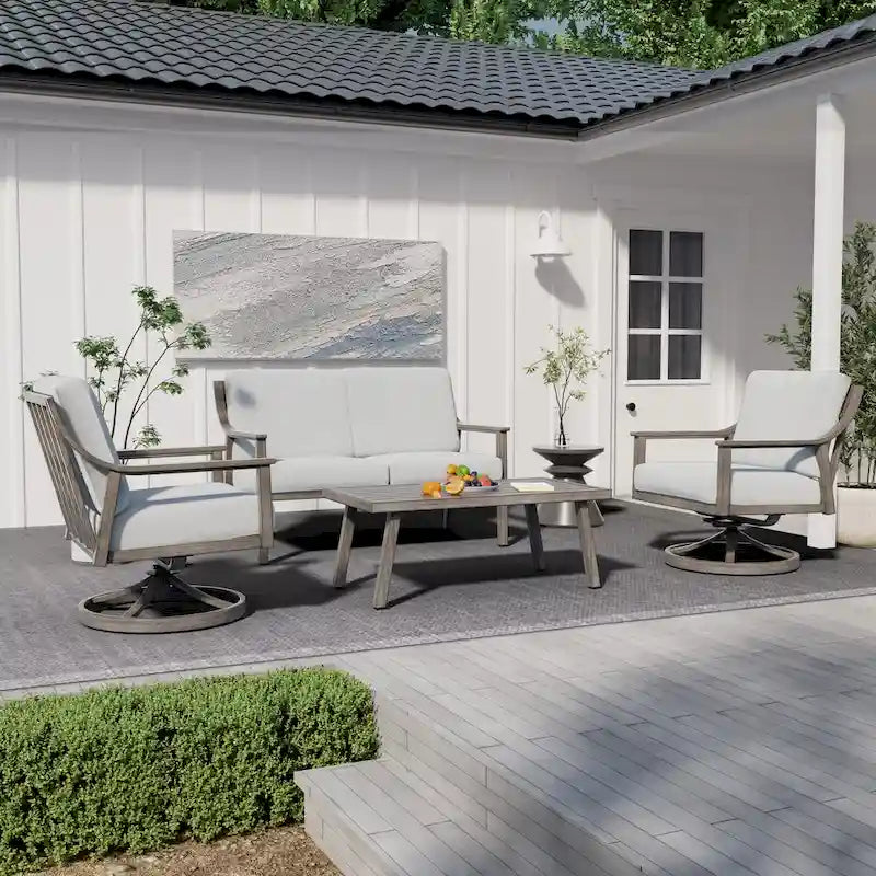 Ensemble de conversation d'extérieur 4 personnes en aluminium avec fauteuils pivotants, table basse et coussins