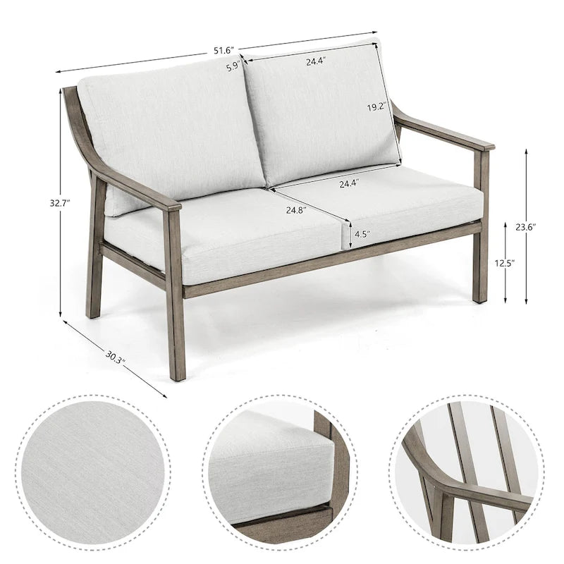 Ensemble de conversation d'extérieur 4 personnes en aluminium avec fauteuils pivotants, table basse et coussins
