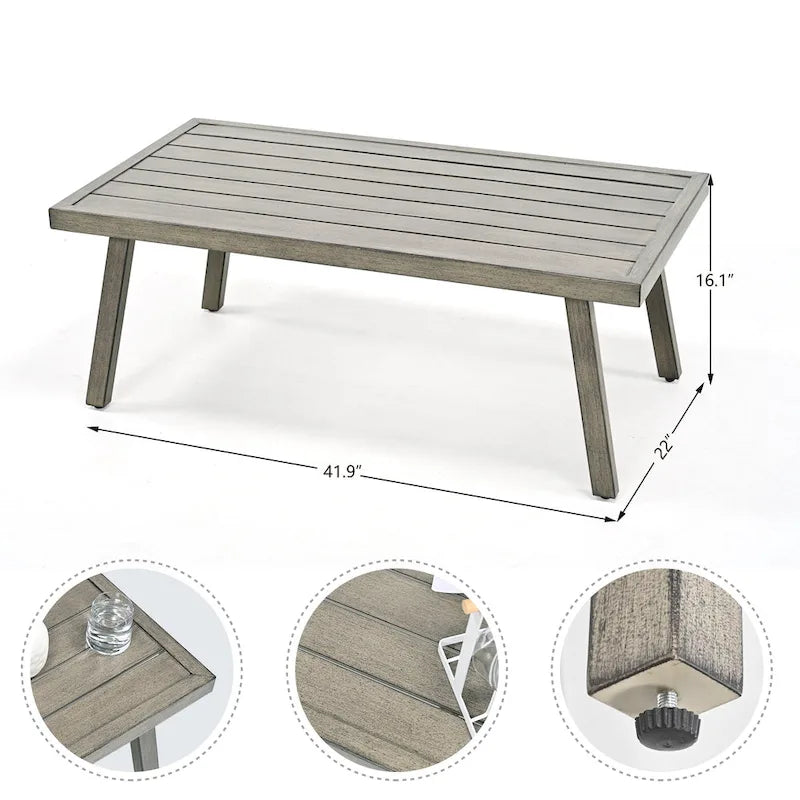 Ensemble de conversation d'extérieur 4 personnes en aluminium avec fauteuils pivotants, table basse et coussins