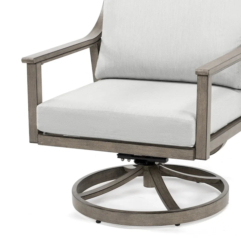 Ensemble de conversation d'extérieur 4 personnes en aluminium avec fauteuils pivotants, table basse et coussins