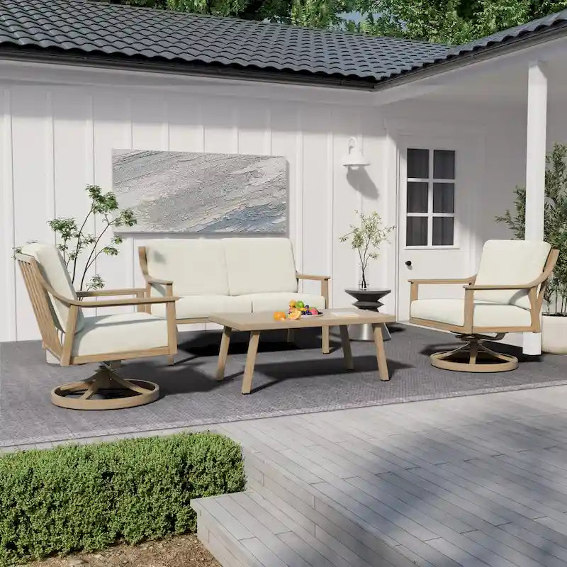 Ensemble de conversation d'extérieur 4 personnes en aluminium avec fauteuils pivotants, table basse et coussins