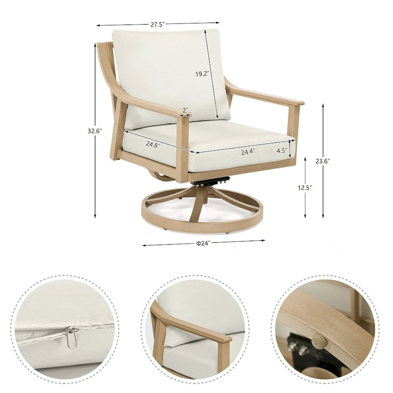 Ensemble de conversation d'extérieur 4 personnes en aluminium avec fauteuils pivotants, table basse et coussins