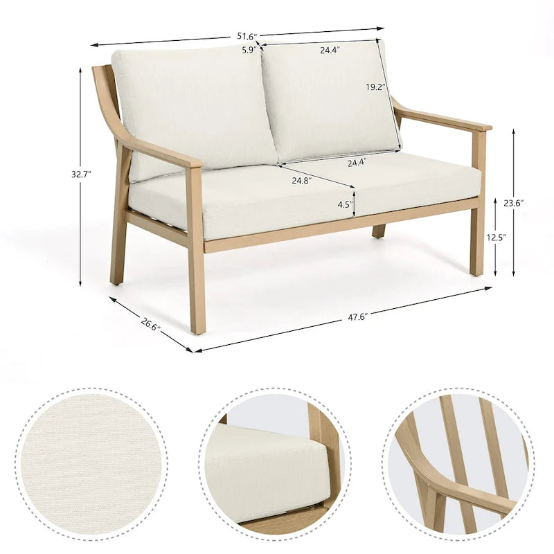 Ensemble de conversation d'extérieur 4 personnes en aluminium avec fauteuils pivotants, table basse et coussins