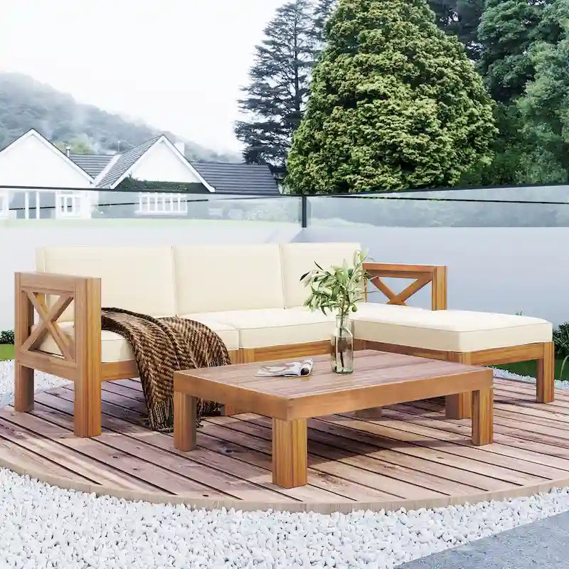 Canapé d'angle d'extérieur en bois d'acacia naturel