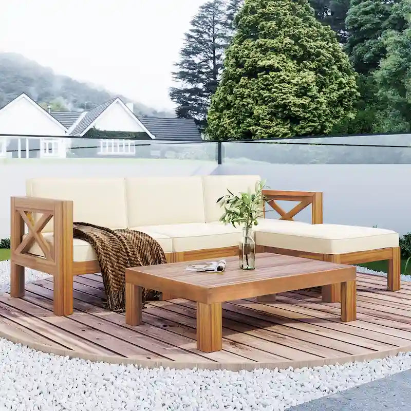 Canapé d'angle d'extérieur en bois d'acacia naturel