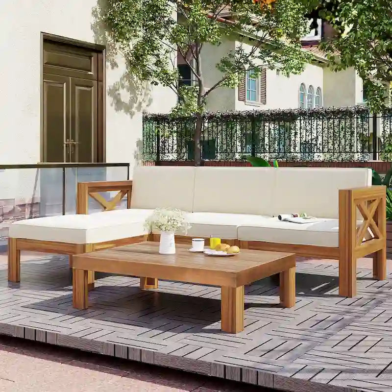 Canapé d'angle d'extérieur en bois d'acacia naturel