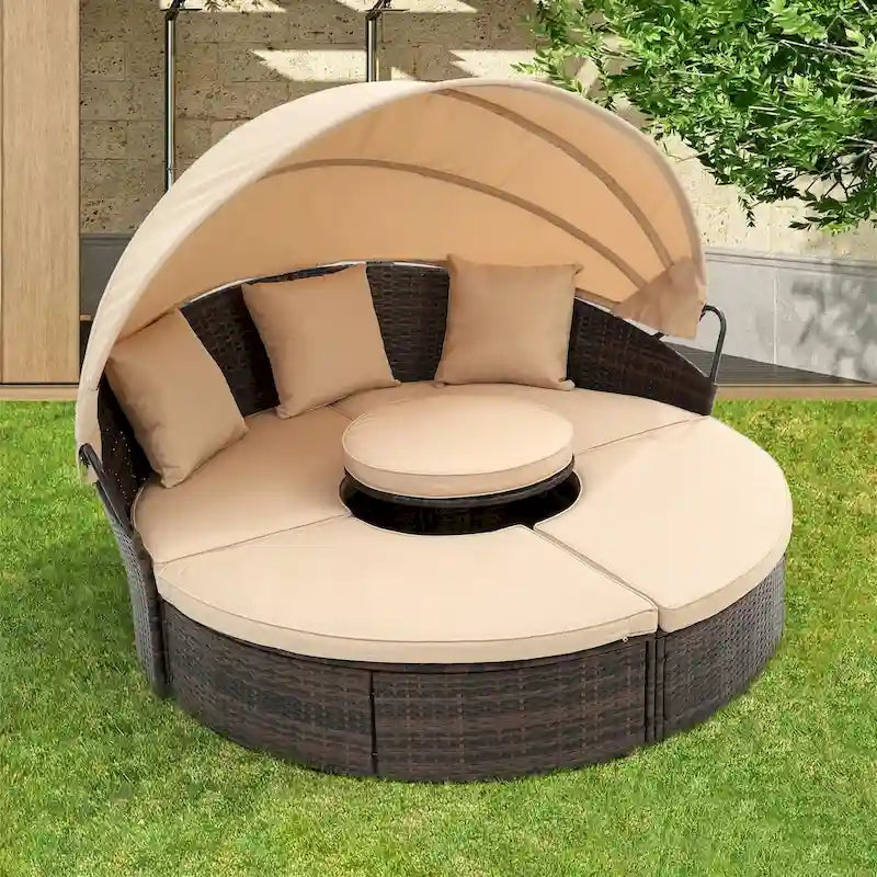 Lettino rotondo in rattan con baldacchino stile Bali per esterni, Divano letto da esterno in vimini con tavolino da caffè a scomparsa