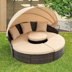 Lettino rotondo in rattan con baldacchino stile Bali per esterni, Divano letto da esterno in vimini con tavolino da caffè a scomparsa