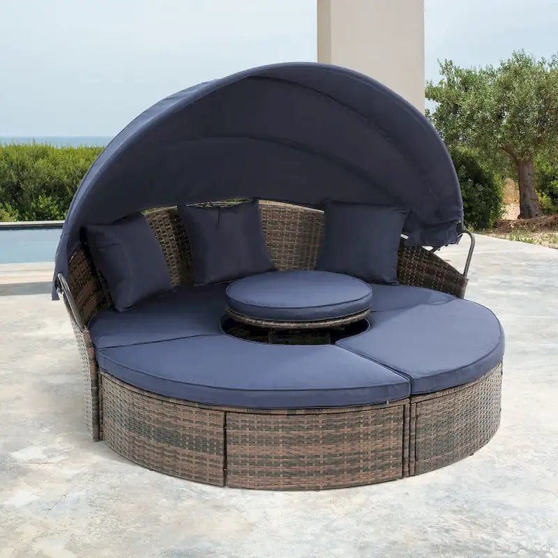 Rattan Round Lounge With Canopy Bali Canopy Bed Outdoor, Wicker Outdoor Sofa Bed with lift coffee table