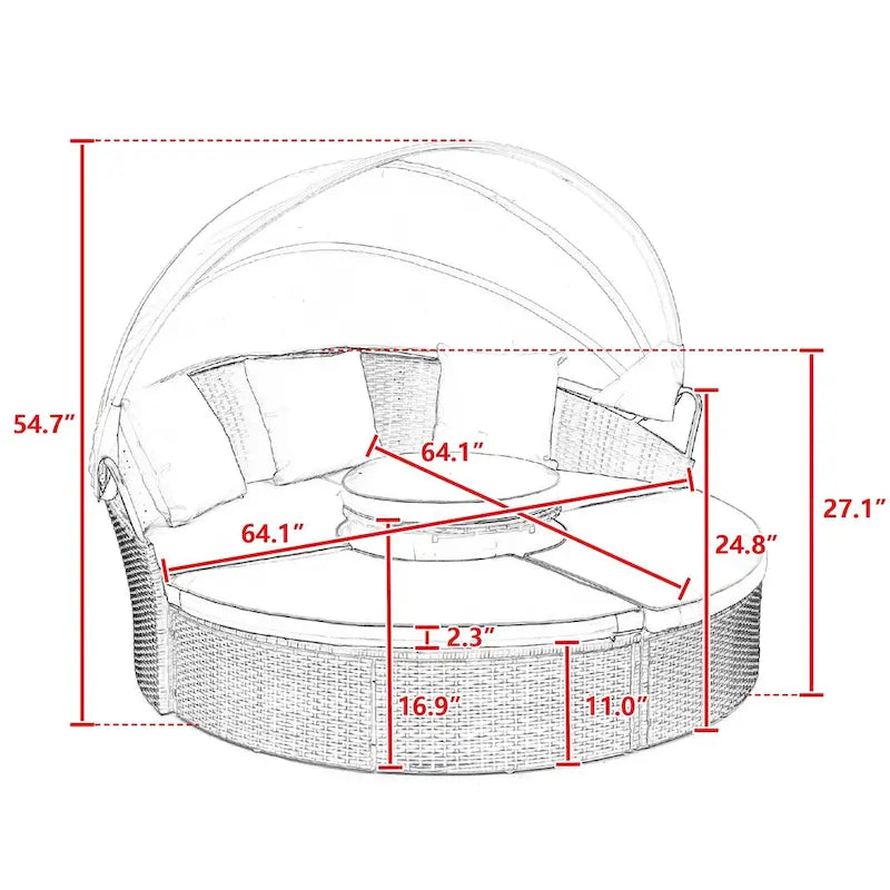 Lettino rotondo in rattan con baldacchino stile Bali per esterni, Divano letto da esterno in vimini con tavolino da caffè a scomparsa
