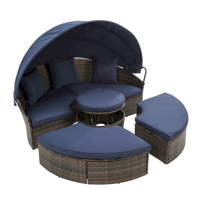 Lettino rotondo in rattan con baldacchino stile Bali per esterni, Divano letto da esterno in vimini con tavolino da caffè a scomparsa