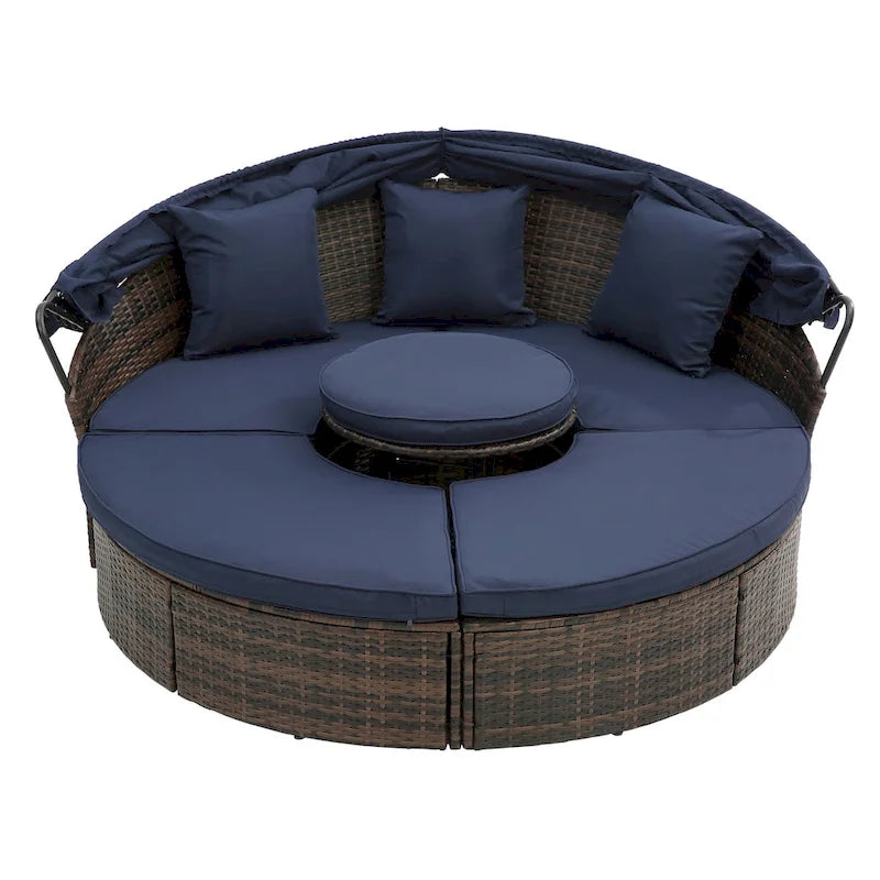 Lettino rotondo in rattan con baldacchino stile Bali per esterni, Divano letto da esterno in vimini con tavolino da caffè a scomparsa