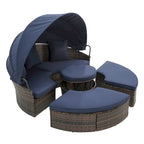 Lettino rotondo in rattan con baldacchino stile Bali per esterni, Divano letto da esterno in vimini con tavolino da caffè a scomparsa