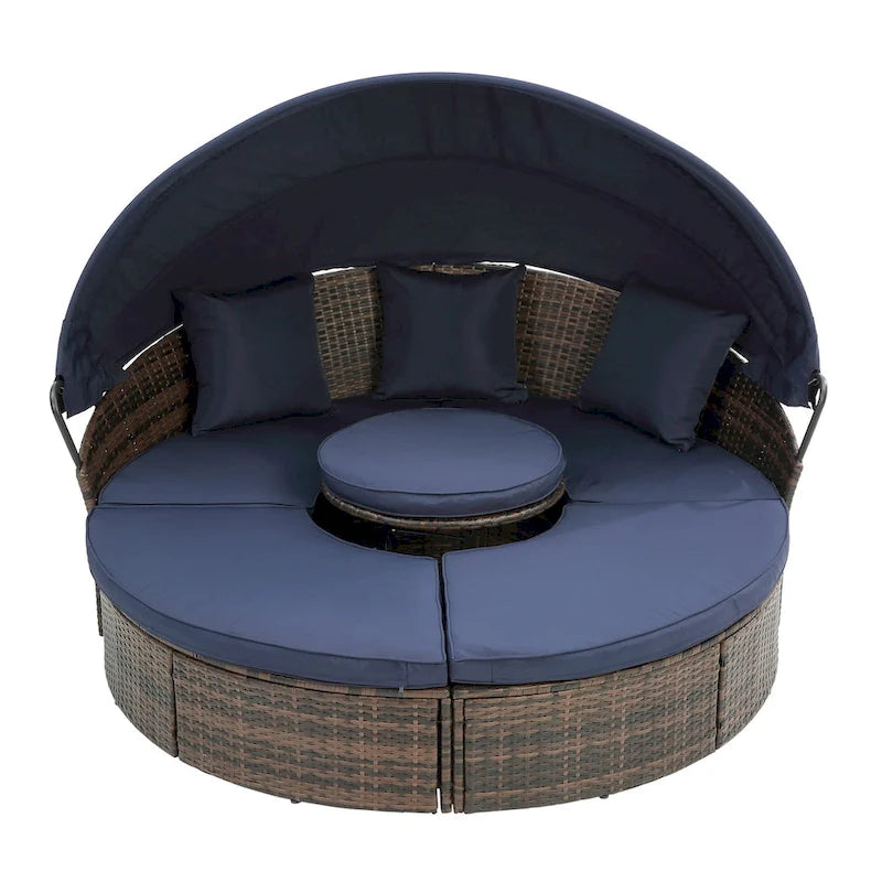 Lettino rotondo in rattan con baldacchino stile Bali per esterni, Divano letto da esterno in vimini con tavolino da caffè a scomparsa