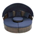 Lettino rotondo in rattan con baldacchino stile Bali per esterni, Divano letto da esterno in vimini con tavolino da caffè a scomparsa