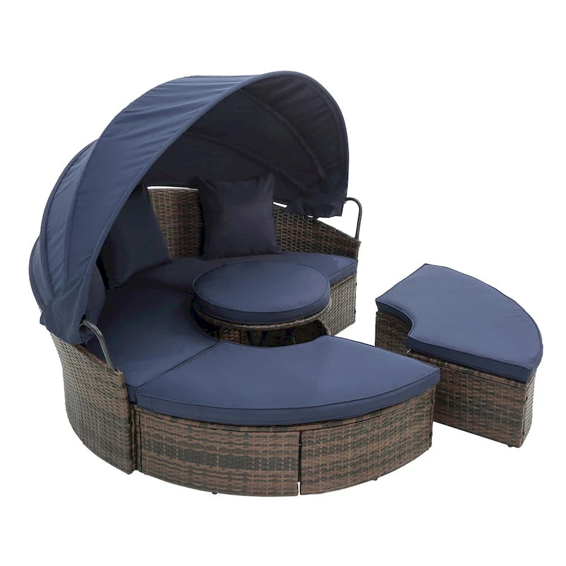 Lettino rotondo in rattan con baldacchino stile Bali per esterni, Divano letto da esterno in vimini con tavolino da caffè a scomparsa